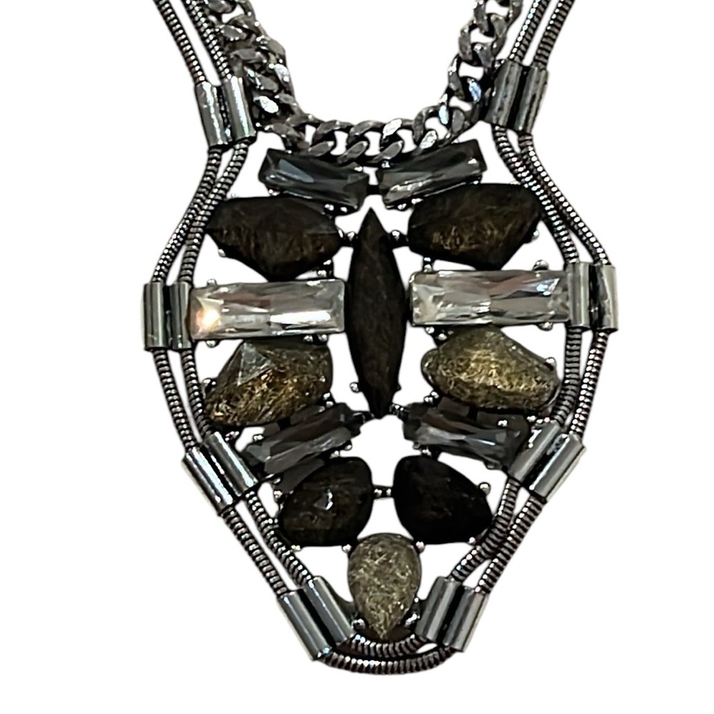 Alisha D Statement Necklace 18”-21” Silver tone Chain Neutral Brown